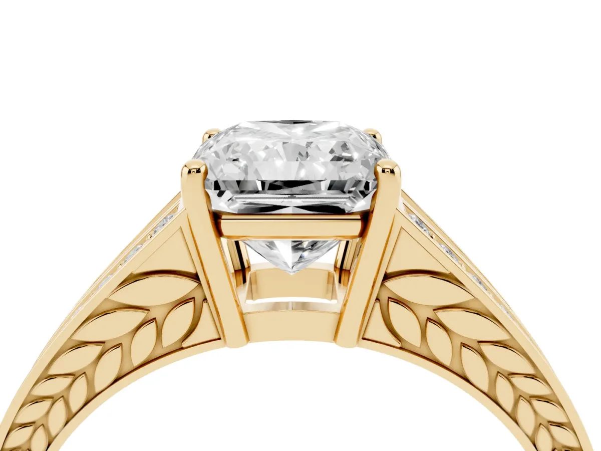 Radiant Cut Diamond Split Shank Ring with Pavé Band and Four-Prong Setting Yellow gold