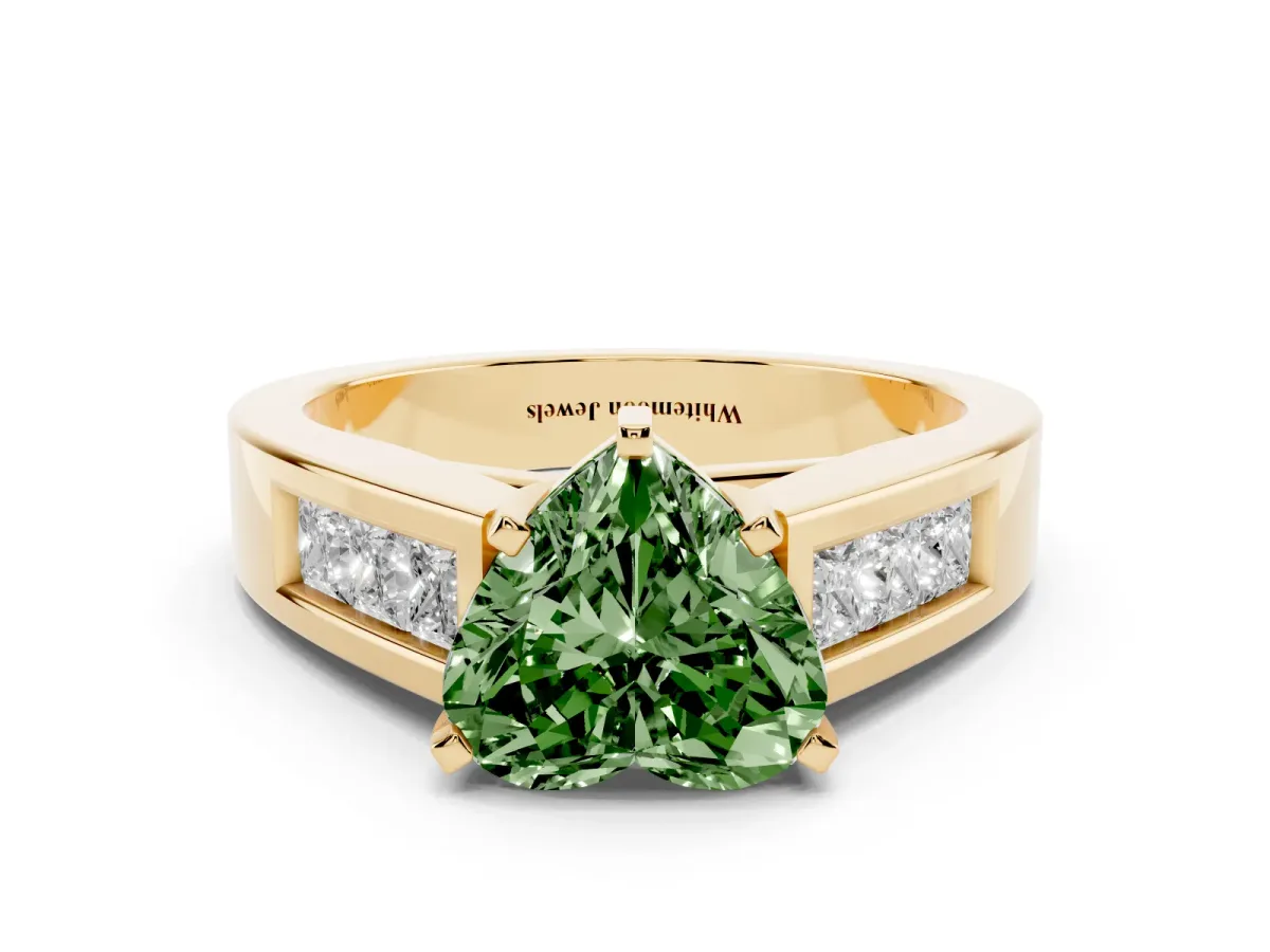 Fancy Green Heart Cut Cut Channel Set Solitaire Ring with Four-Prong Setting Yellow gold