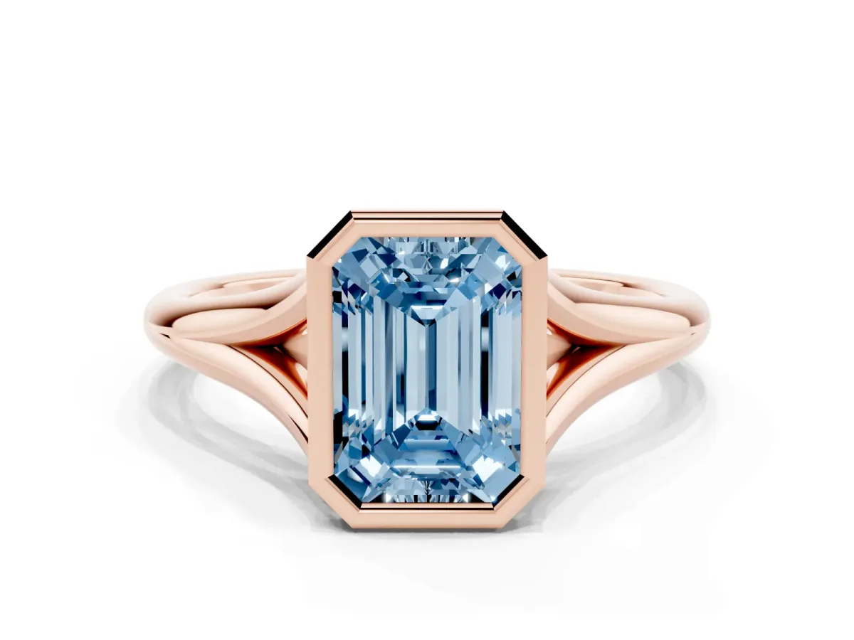 Fancy Blue Bezel Set Emerald Cut Cut Solitaire Ring with Tapered Band Rose gold