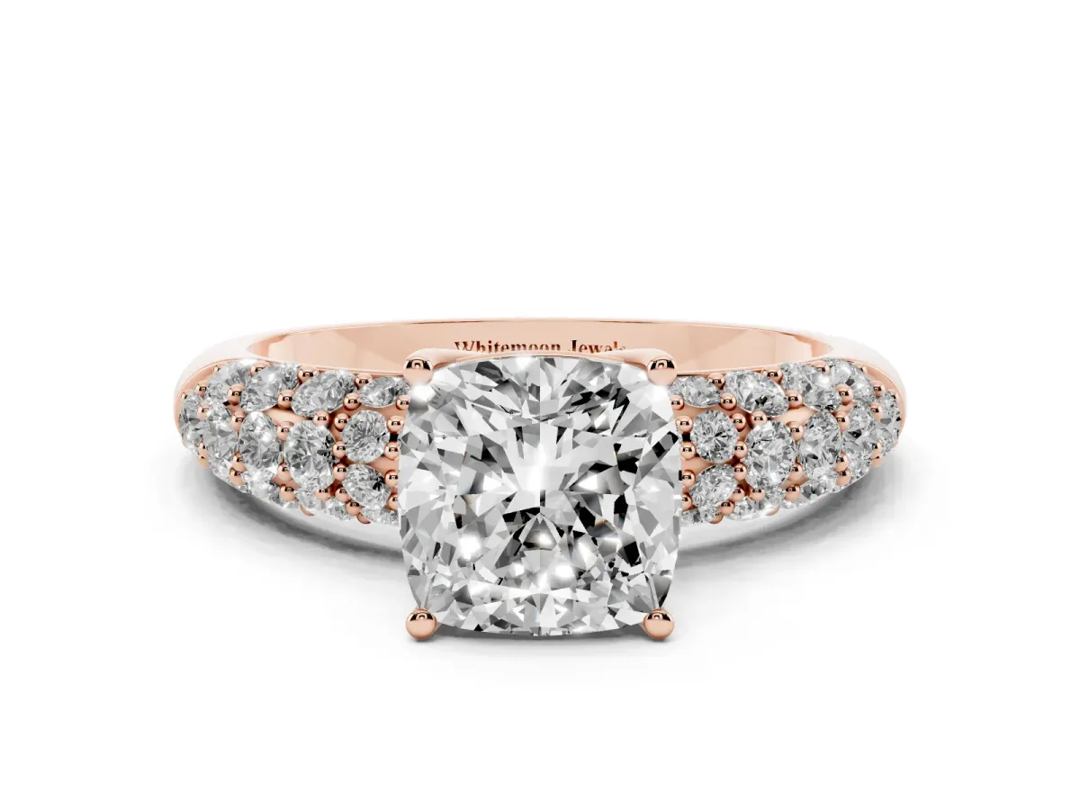Cushion Cut Diamond Pavé Band Solitaire Ring with Four-Prong Setting Rose gold