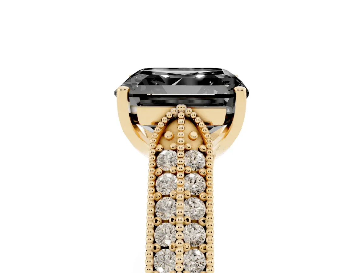 Fancy Black Asscher Cut Cut Pave Split Shank Engagement Ring with Four-Prong Setting Yellow gold