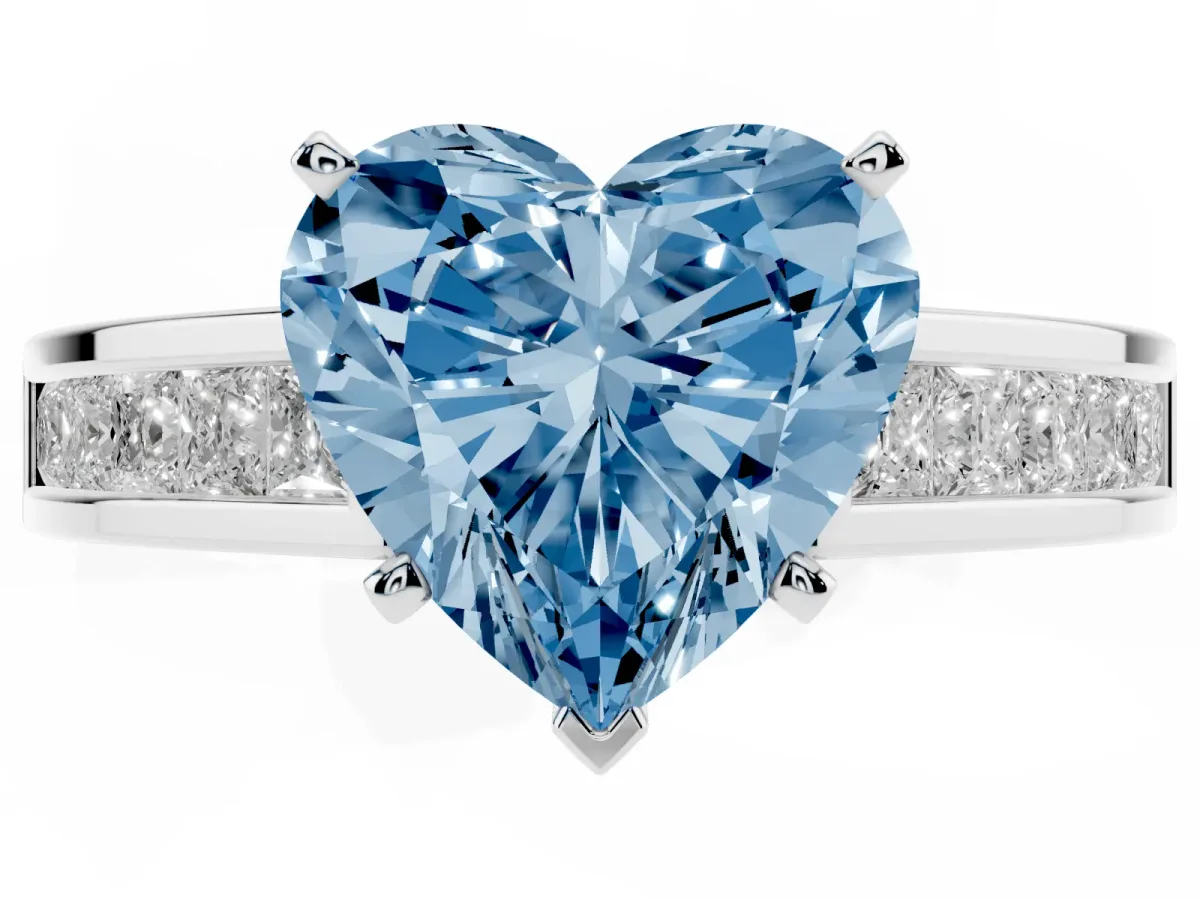 Fancy Blue Heart Cut Solitaire Diamond Ring with Channel-Set Band and Four-Prong Setting Silver