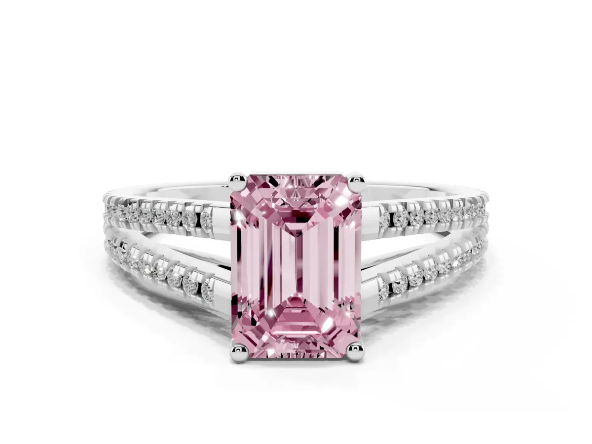 Fancy Pink Emerald Cut Diamond Solitaire Engagement Ring with Split Shank Pavé Band Silver