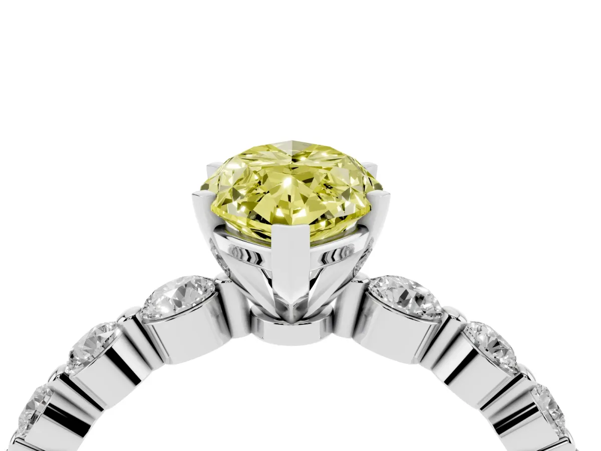 Fancy Yellow Marquise Cut Solitaire Diamond Ring with Pave Band and Four-Prong Setting Silver