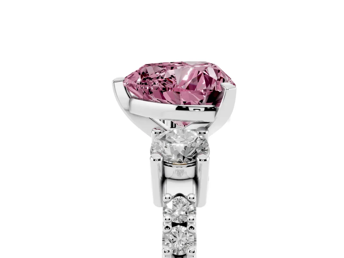 Fancy Pink Heart Cut Three-Stone Diamond Pavé Band with Prong Setting Platinum