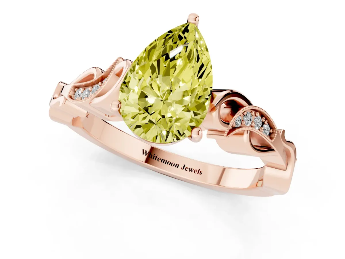 Fancy Yellow Pear Cut Solitaire Vine Band with Milgrain Prong Setting Rose gold