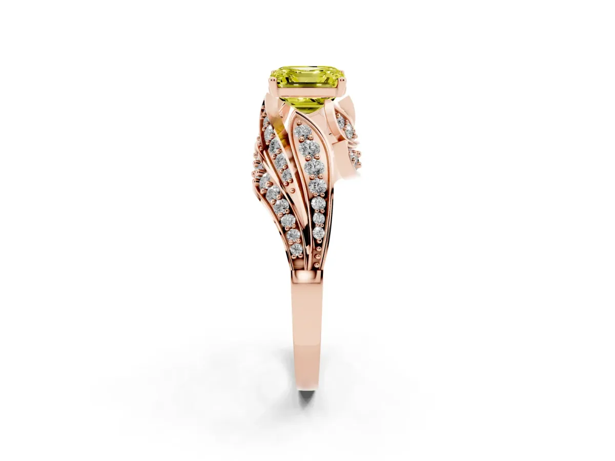 Fancy Yellow Asscher Cut Diamond Solitaire Ring with Prong Setting and Twisted Pavé Band Rose gold