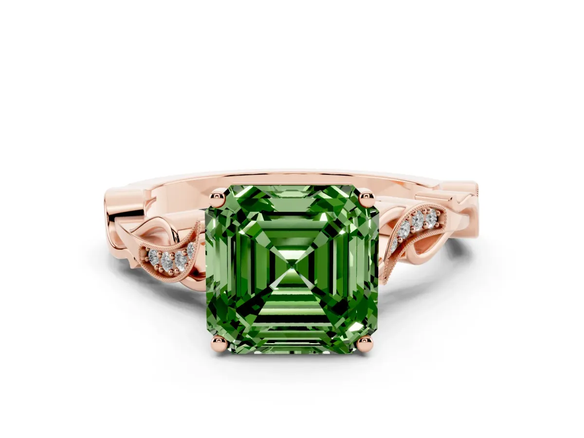 Fancy Green Asscher Cut Solitaire Vine Band with Milgrain Prong Setting Rose gold