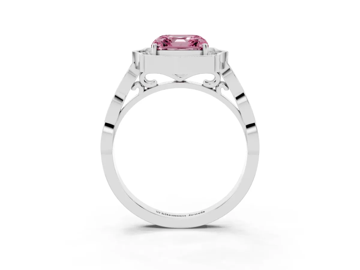 Fancy Pink Asscher Cut Halo Diamond Engagement Ring with Milgrain Band and Four-Prong Setting White gold