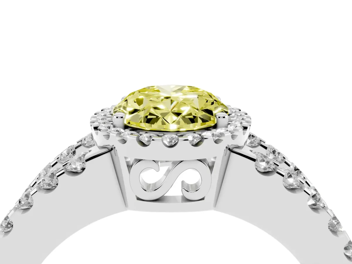 Fancy Yellow Oval Cut Cut Halo Split Shank Diamond Ring with Four-Prong Setting White gold