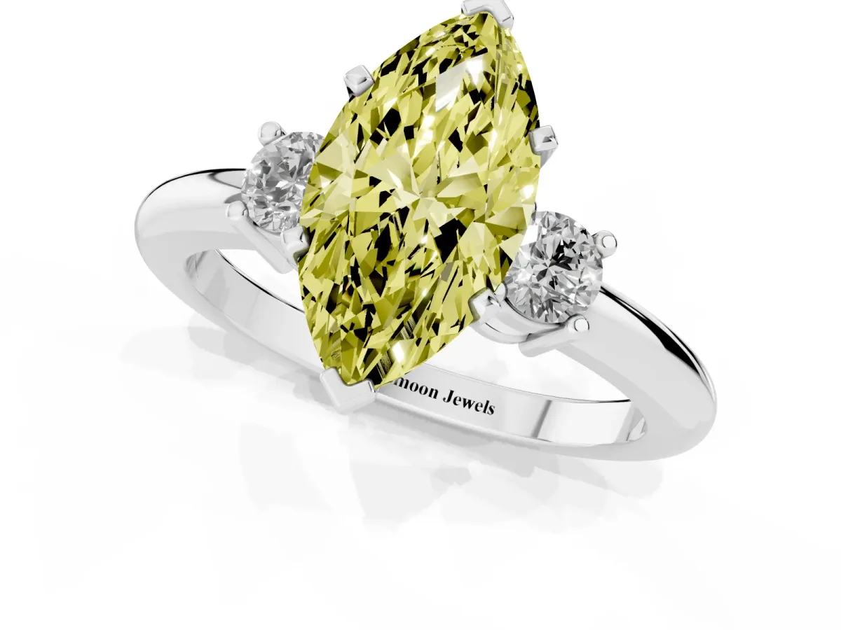 Fancy Yellow Three-Stone Marquise Cut Cut Diamond Solitaire with Prong Setting and Classic Band Silver