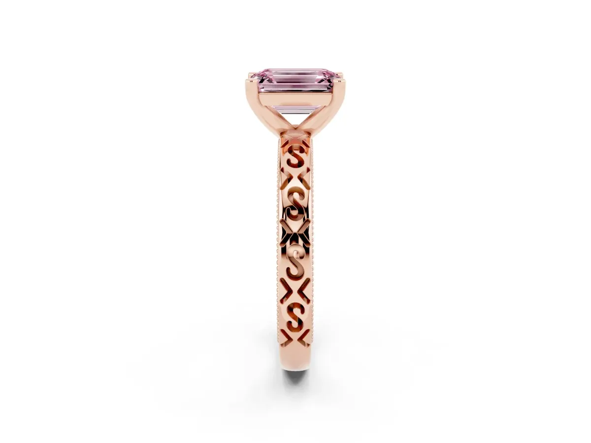 Fancy Pink Emerald Cut Solitaire Engagement Ring with Scrollwork Band and Four-Prong Setting Rose gold