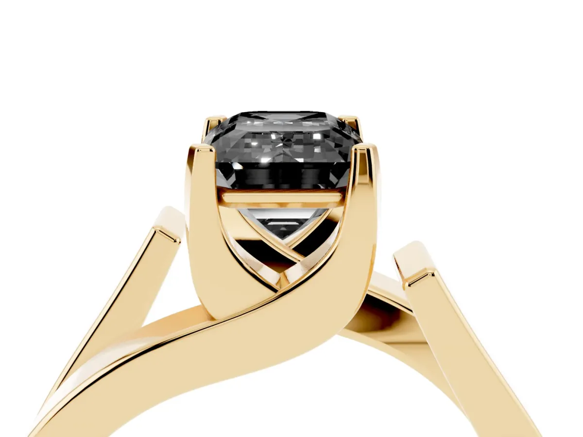 Fancy Black Modern Tension Set Emerald Cut Diamond Solitaire Wide Band Ring Yellow gold