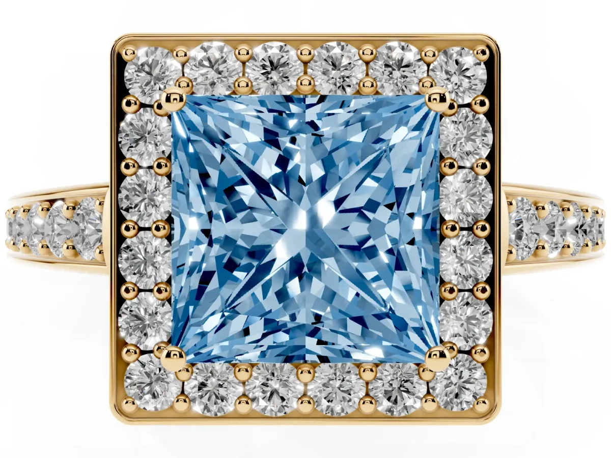 Fancy Blue Princess Cut Halo Pavé Diamond Engagement Ring with Bezel Setting Yellow gold