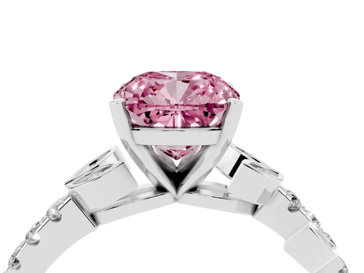 Fancy Pink Cushion Cut Solitaire Leaf-Inspired Diamond Ring with Pavé Band and Four-Prong Setting Silver