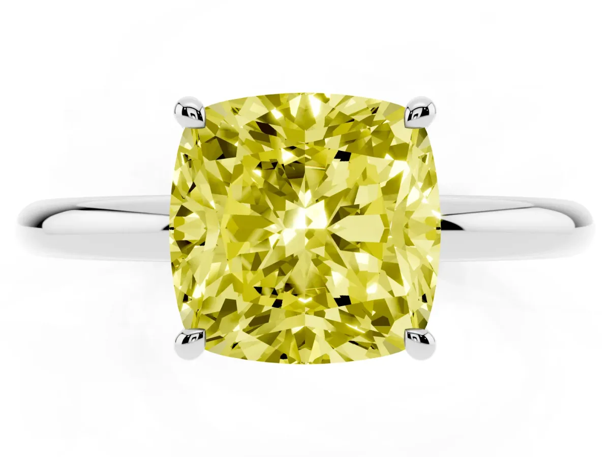 Fancy Yellow Cushion Cut Diamond Solitaire Ring with Thin Band and Four-Prong Setting Silver