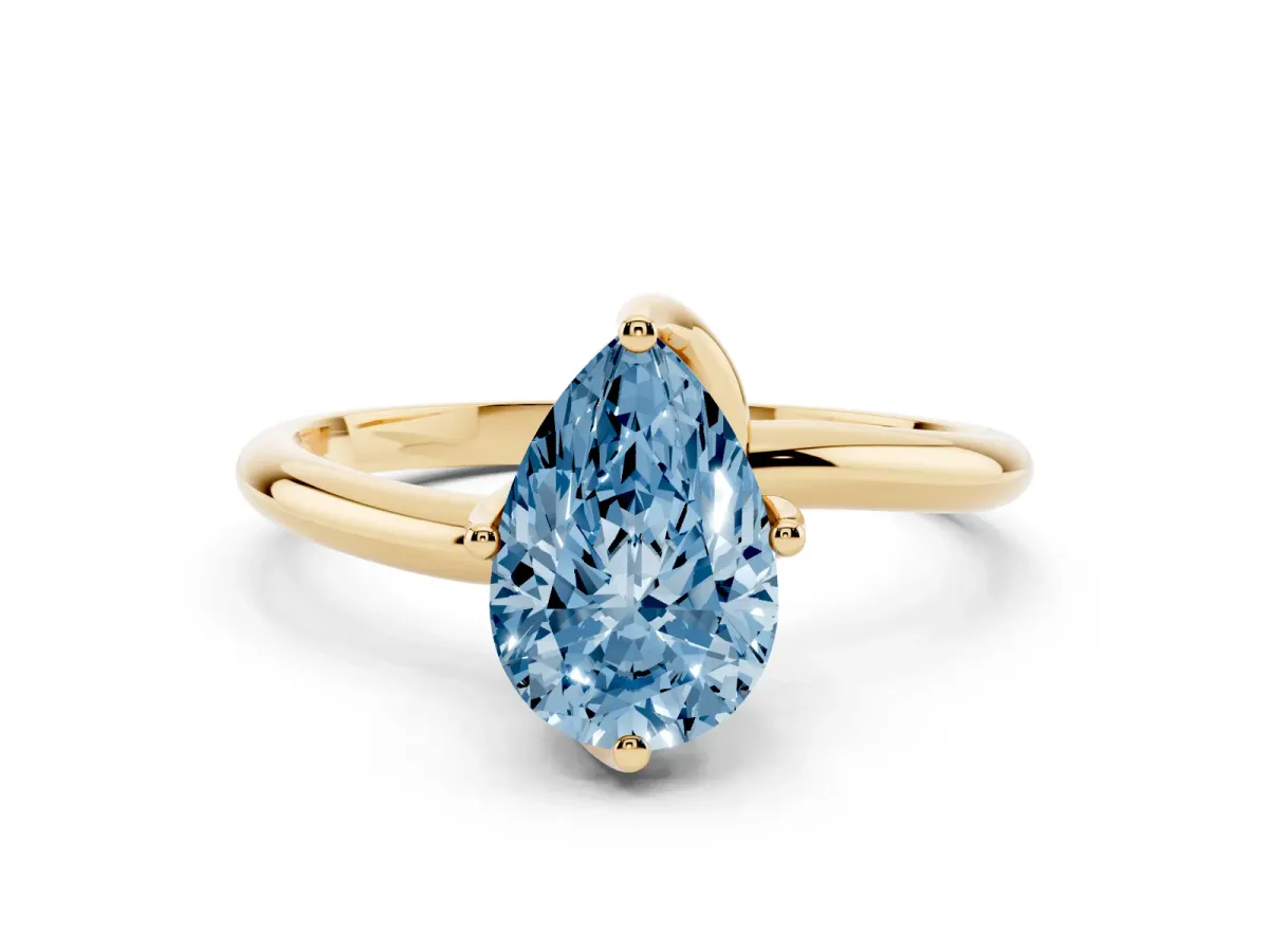 Fancy Blue Pear Cut Diamond Solitaire Engagement Ring with Four-Prong Setting and Classic Band Yellow gold