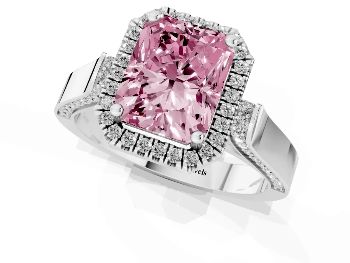 Fancy Pink Radiant Cut Halo Round Diamond Twist Band with Four-Prong Setting White gold