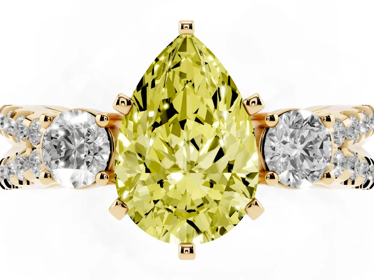 Fancy Yellow Pear Cut Diamond Three-Stone Ring with Pavé Split Shank and Four-Prong Setting Yellow gold