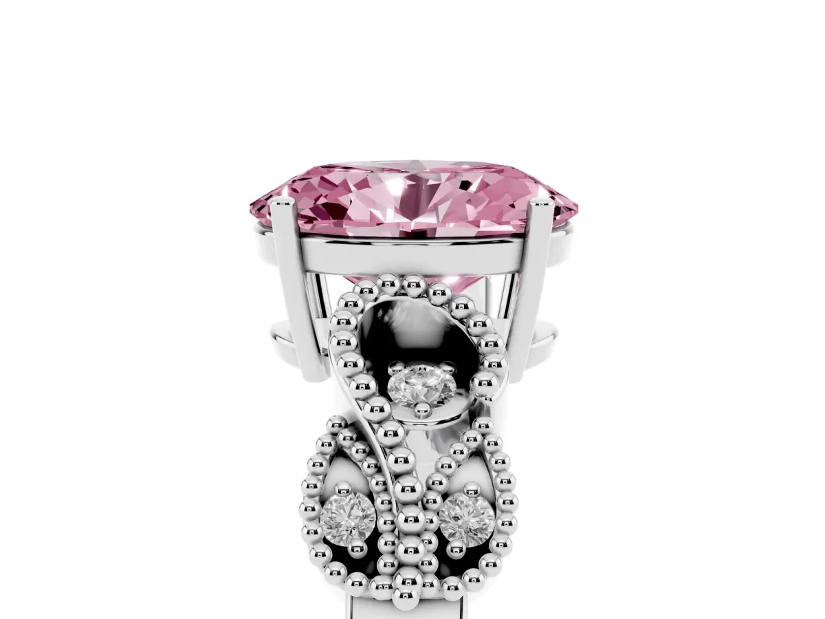 Fancy Pink Oval Cut Solitaire Milgrain Leaf Band with Prong Setting Silver