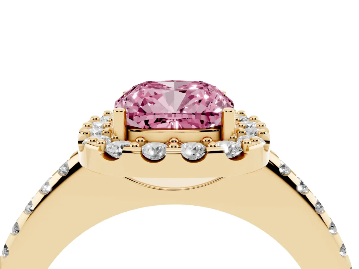 Fancy Pink Cushion Cut Diamond Pavé Halo Ring with Four-Prong Setting Yellow gold