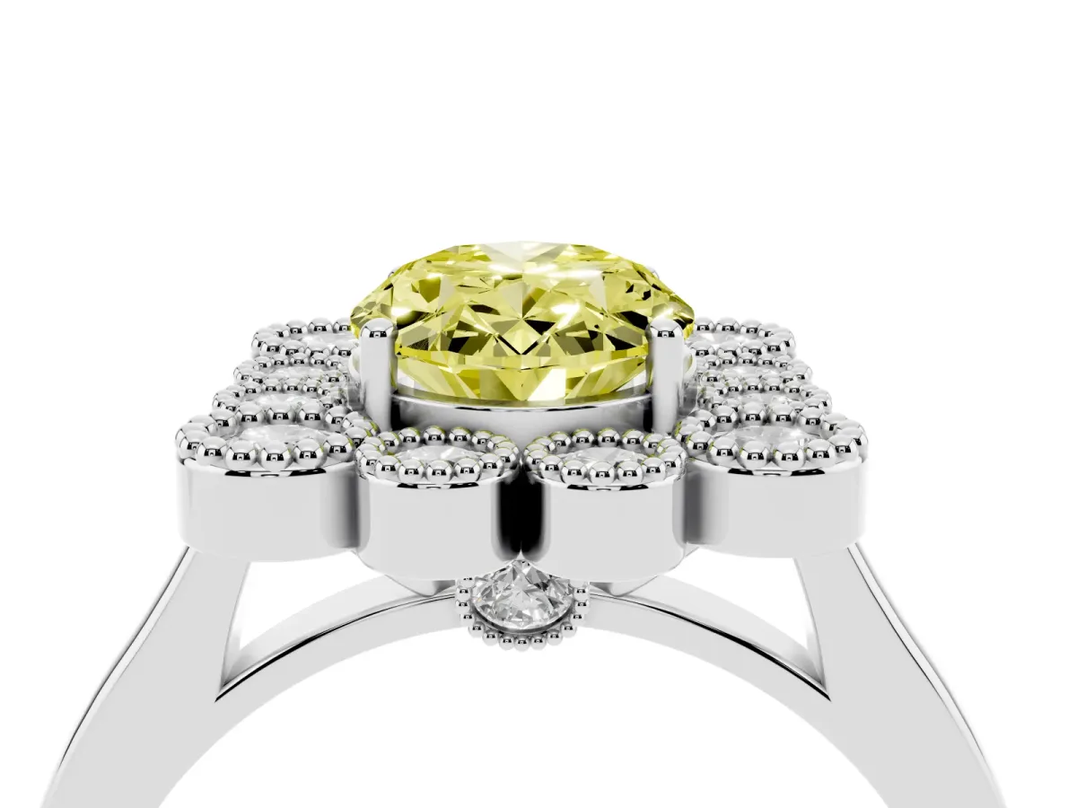 Fancy Yellow Oval Cut Halo Diamond Cluster Engagement Ring with Milgrain Bezel Setting and Solitaire Band Silver