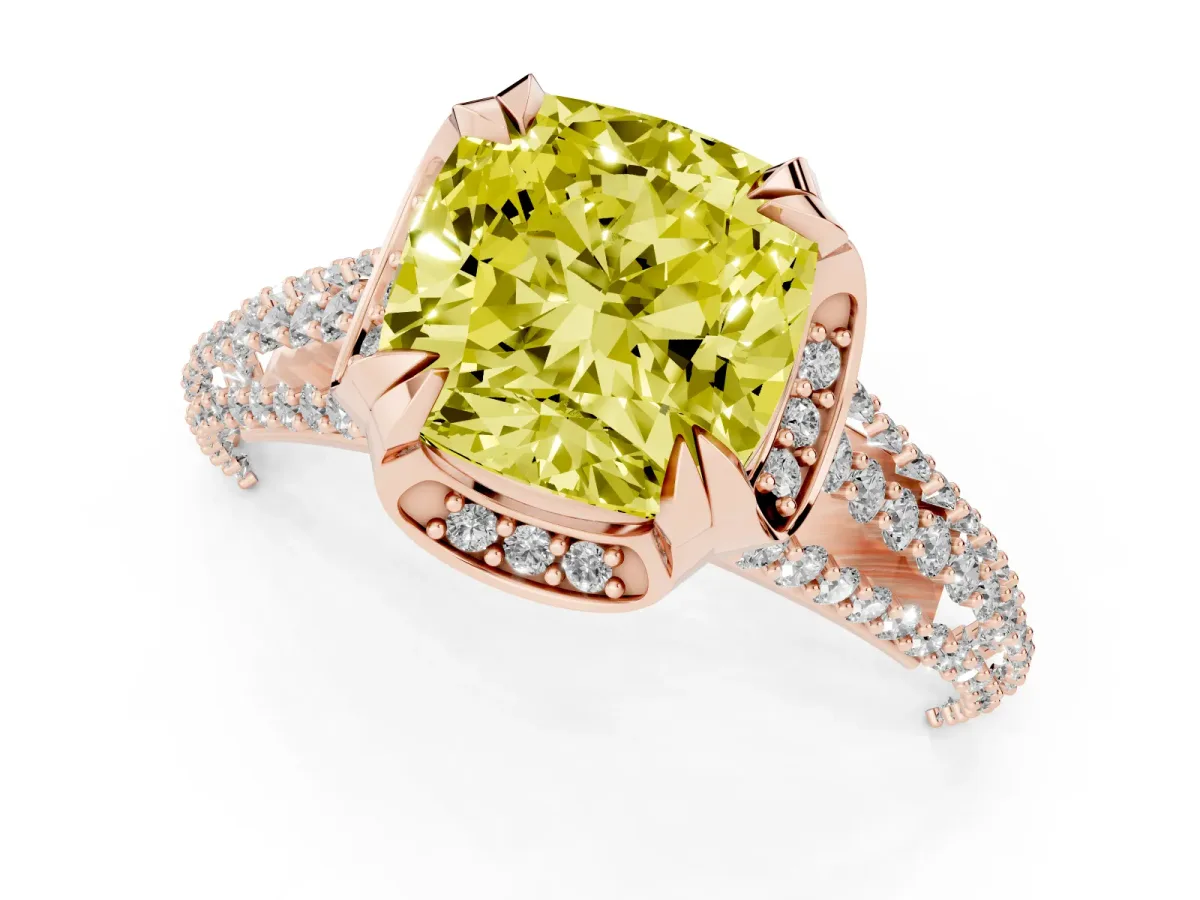 Fancy Yellow Cushion Cut Solitaire Pave Split Shank Ring with Four-Prong Setting Rose gold
