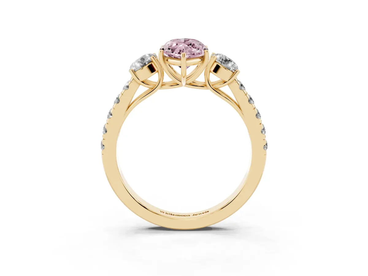 Fancy Pink Marquise Cut Cut Diamond Three-Stone Ring with Round Side Stones and Pavé Band Yellow gold
