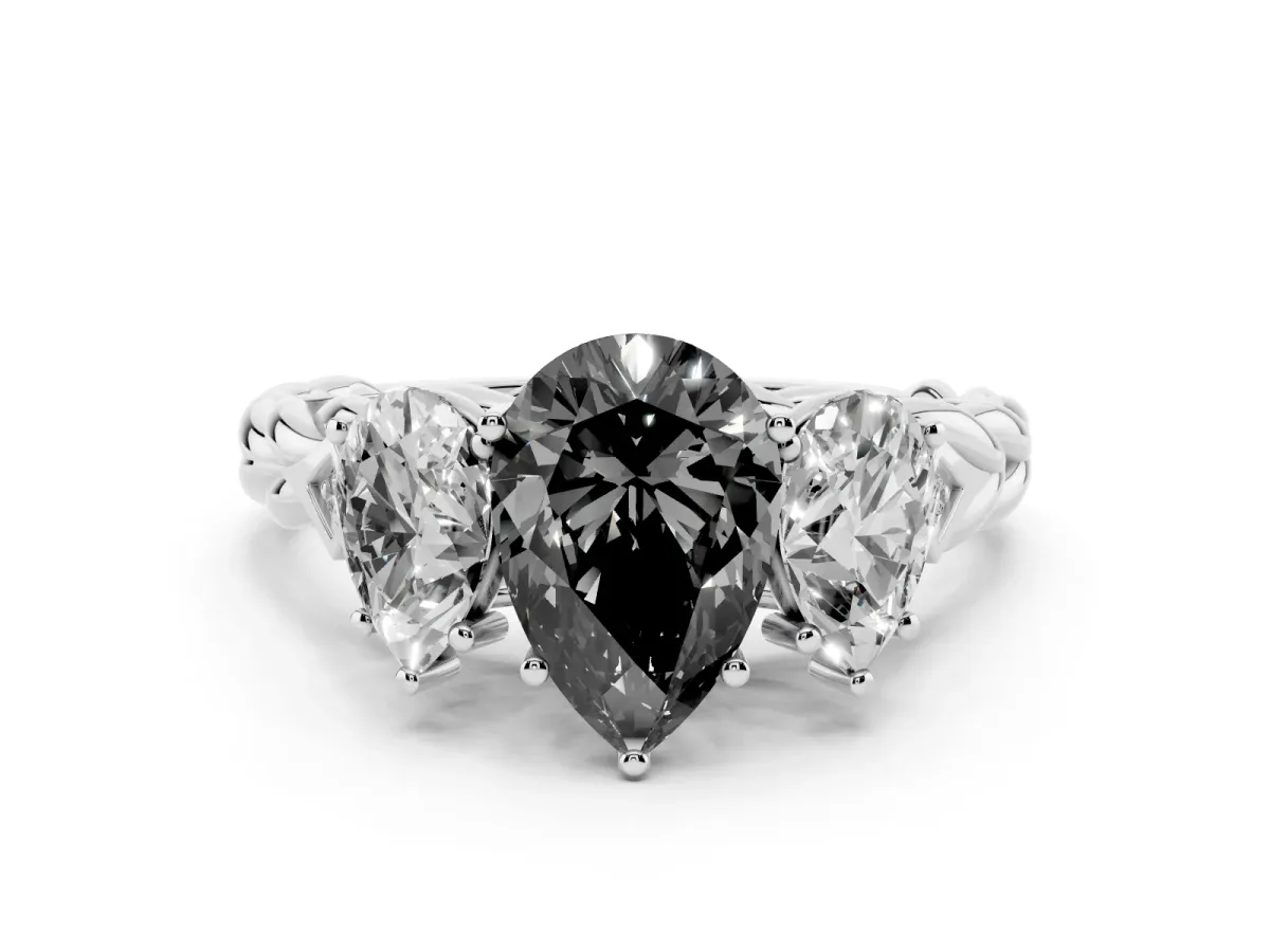 Fancy Black Three-Stone Pear Cut Diamond Braided Band Ring with Four-Prong Setting Silver