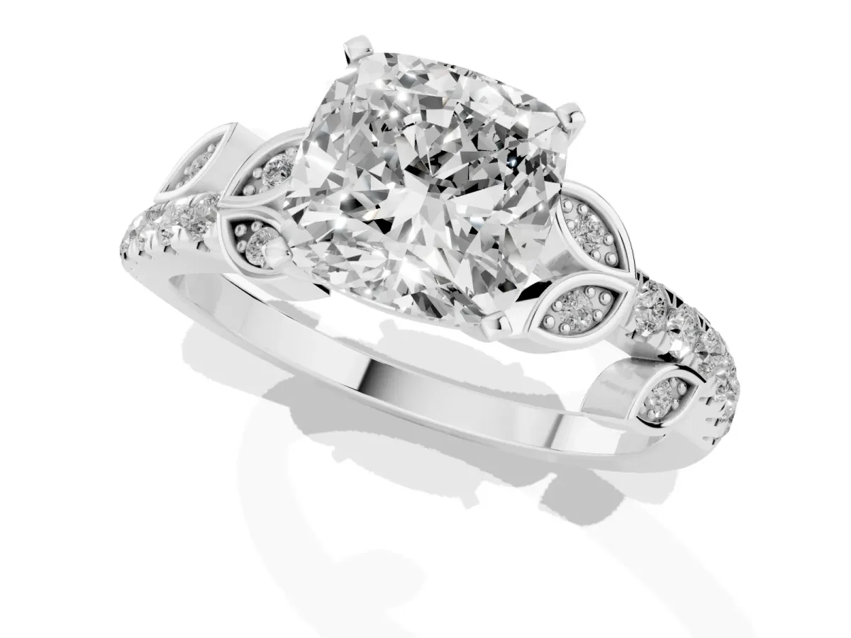 Cushion Cut Solitaire Leaf-Inspired Diamond Ring with Pavé Band and Four-Prong Setting Silver