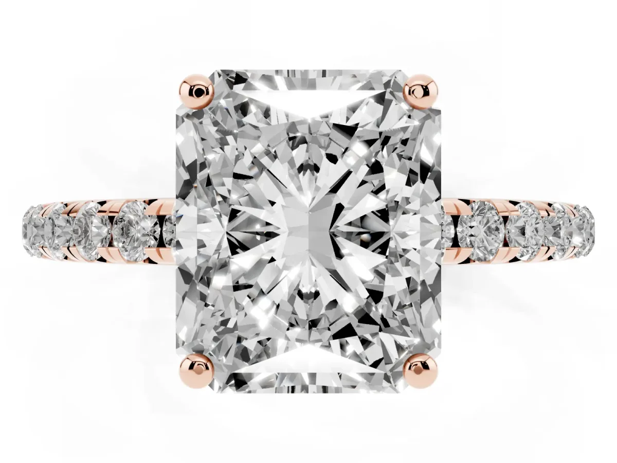 Radiant Cut Cut Diamond Solitaire Ring with Micro Pave Band and Four Prong Setting Rose gold