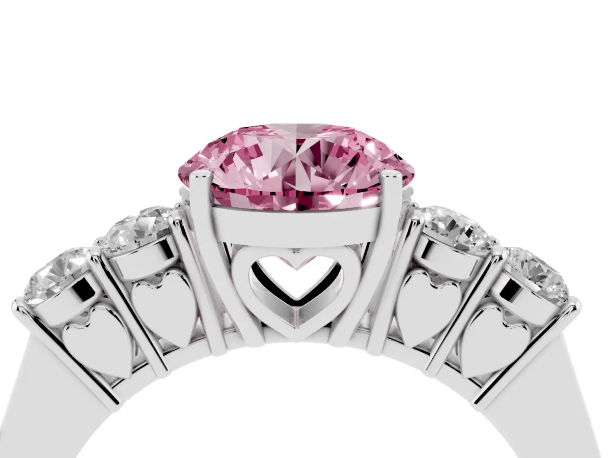 Fancy Pink Round Cut Cut Diamond Five-Stone Prong Set White Gold Ring Platinum