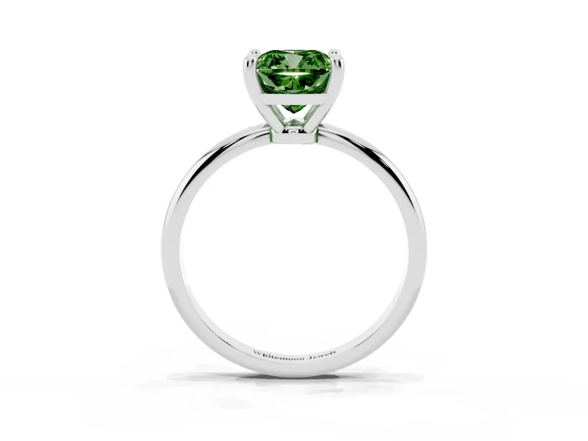 Fancy Green Cushion Cut Solitaire Diamond Ring with 4-Prong Setting on a Classic Band Silver