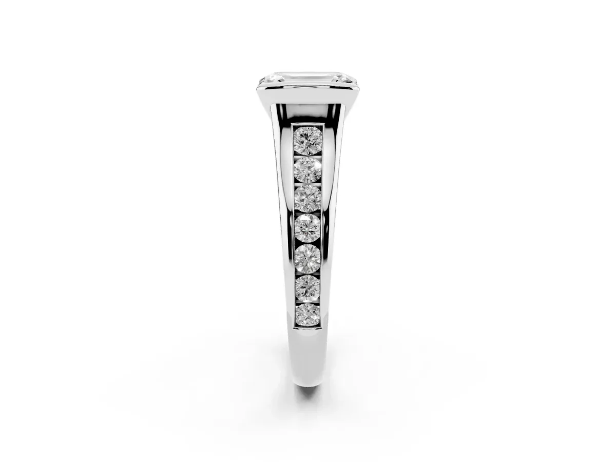Emerald Cut Solitaire Bezel-Set Diamond Ring with Channel-Set Band Platinum