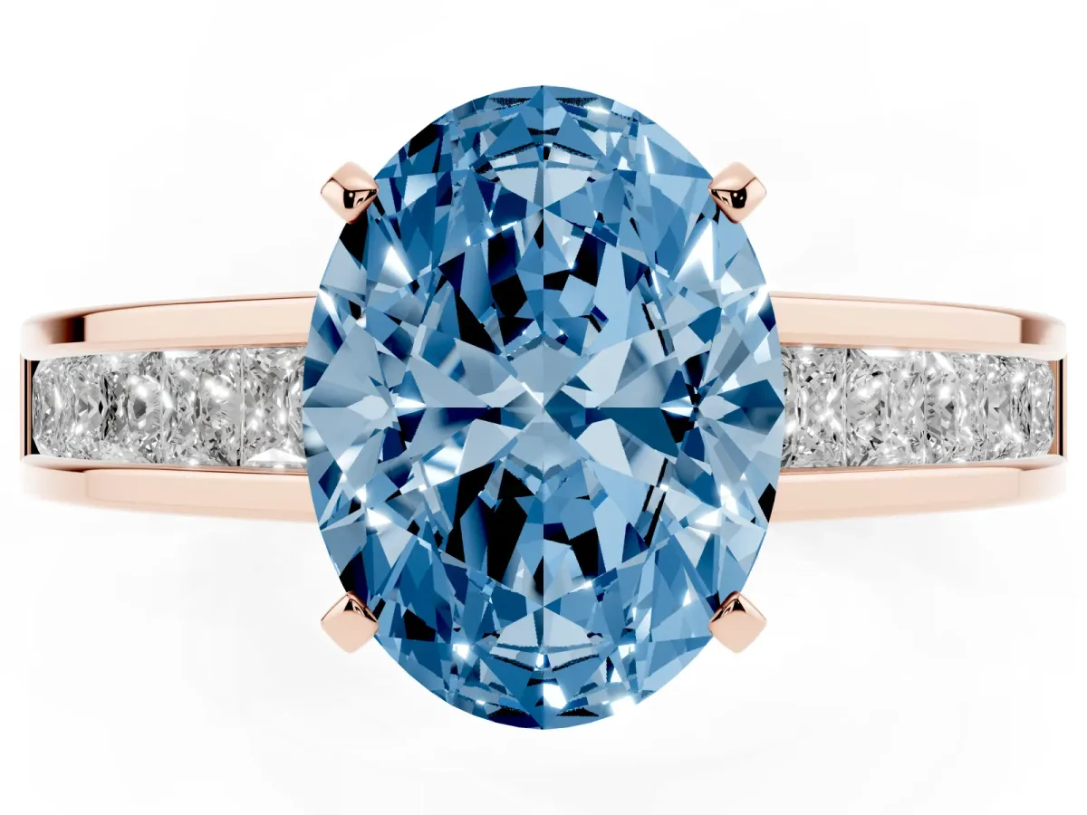 Fancy Blue Oval Cut Solitaire Diamond Ring with Channel-Set Band and Four-Prong Setting Rose gold