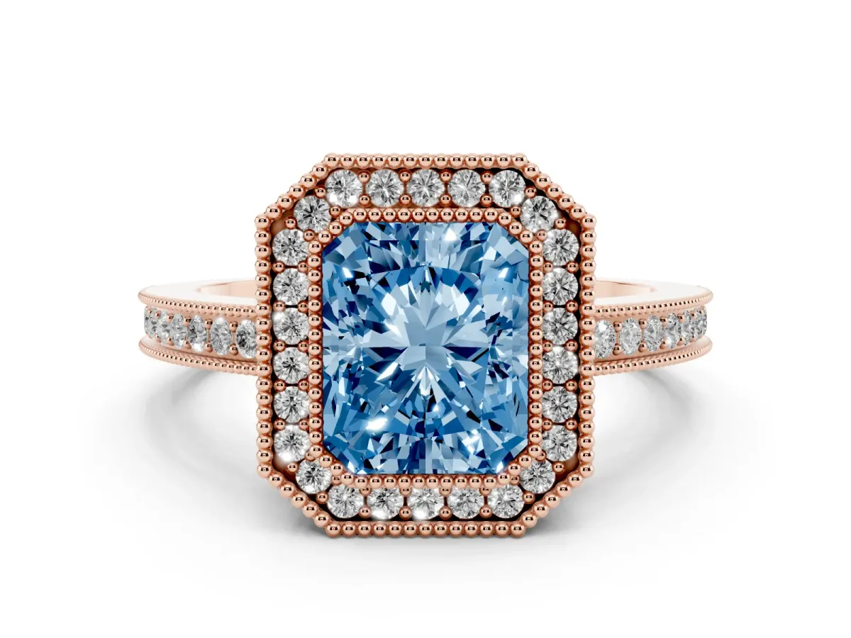 Fancy Blue Radiant Cut Cut Halo Diamond Ring with Pavé Band and Milgrain Prong Setting Rose gold