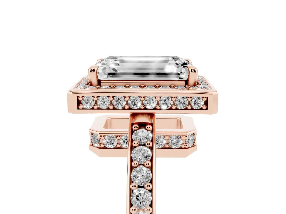Emerald Cut Halo Pave Band Solitaire Ring with Prong Setting Rose gold