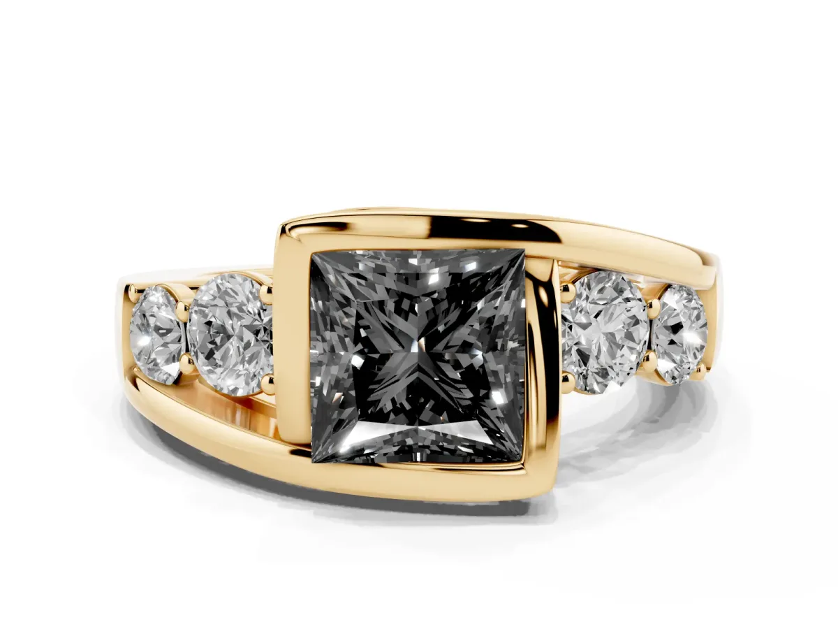 Fancy Black Bezel Set Princess Cut Diamond Bypass Ring with Round Accents Yellow gold