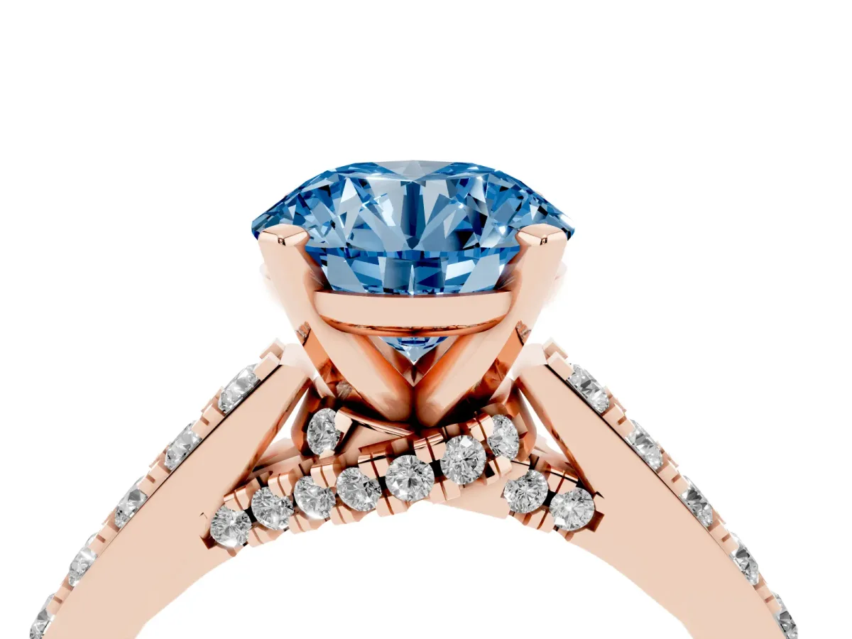 Fancy Blue Round Cut Diamond Solitaire Ring with Crossover Gallery and Round Pavé Band Rose gold