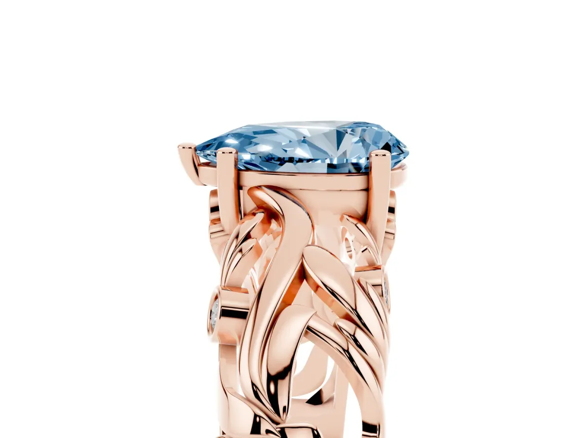 Fancy Blue Pear Cut Solitaire Diamond Leaf-Inspired Vine Band Ring with Prong Setting Rose gold