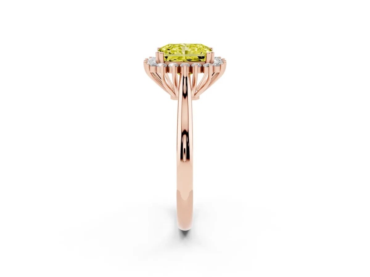 Fancy Yellow Radiant Cut Cut Diamond Halo Ring with Solitaire Band and Prong Setting Rose gold
