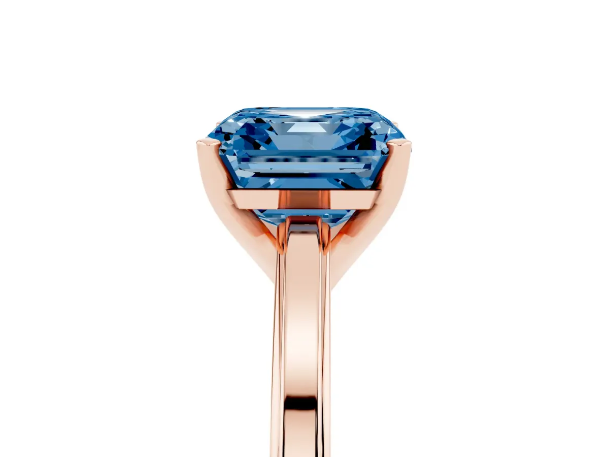 Fancy Blue Asscher Cut Solitaire Diamond Ring with Four-Prong Setting and Classic Band Rose gold
