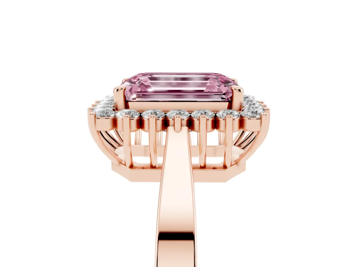 Fancy Pink Emerald Cut Cut Diamond Halo Ring with Round Brilliant Halo and Solitaire Band Rose gold