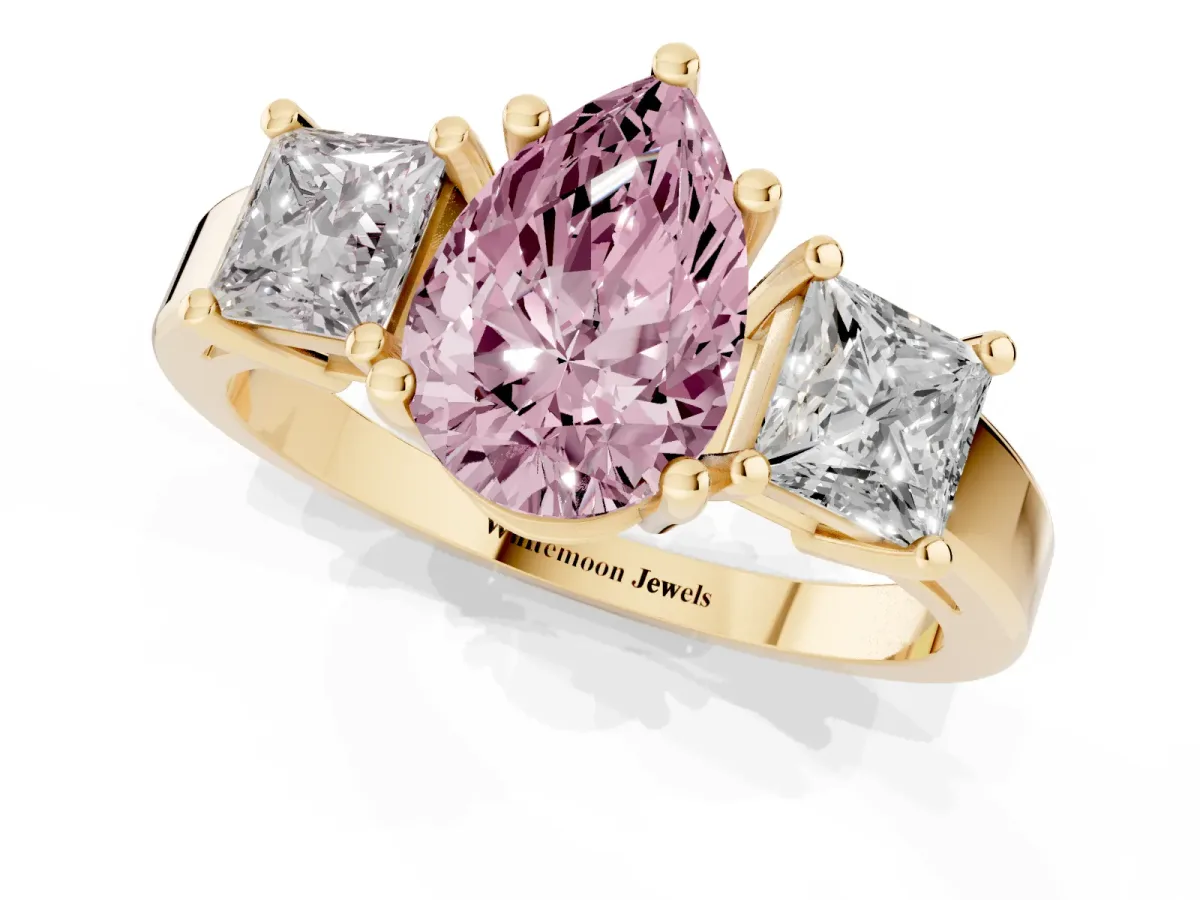 Fancy Pink Three-Stone Pear Cut Cut Solitaire Ring with Prong Setting Yellow gold