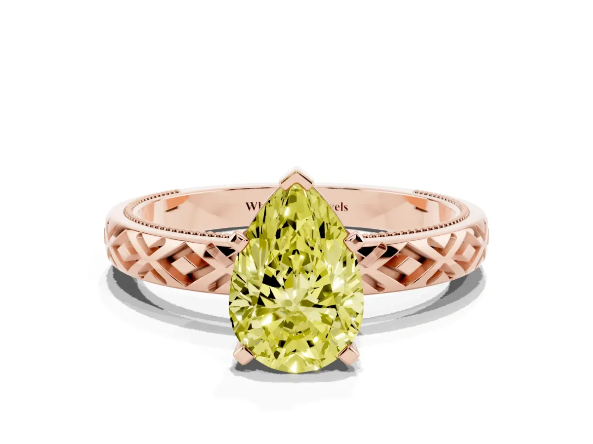 Fancy Yellow Pear Cut Solitaire Diamond Ring with Milgrain and Black Enamel X Pattern Band Rose gold