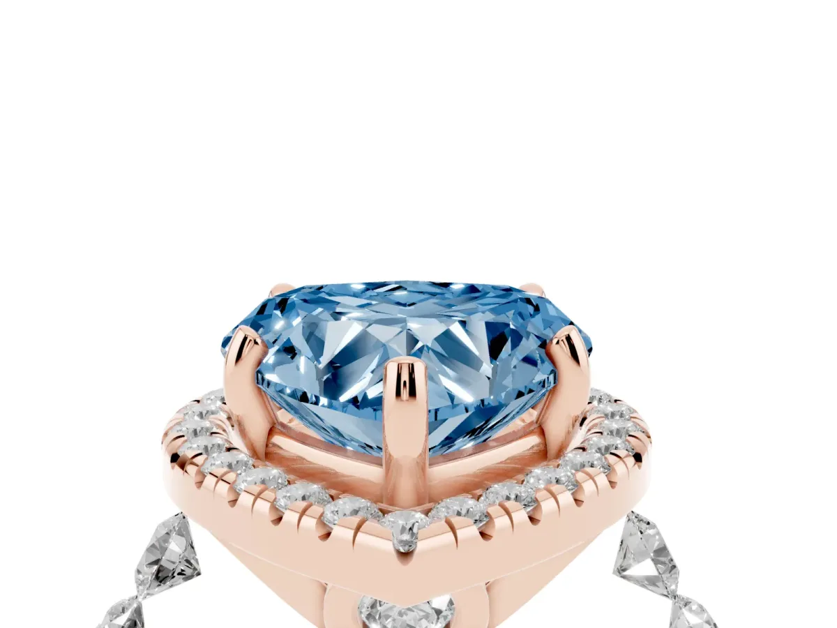 Fancy Blue Heart Cut Halo Pavé Diamond Engagement Ring with Four-Prong Setting Rose gold