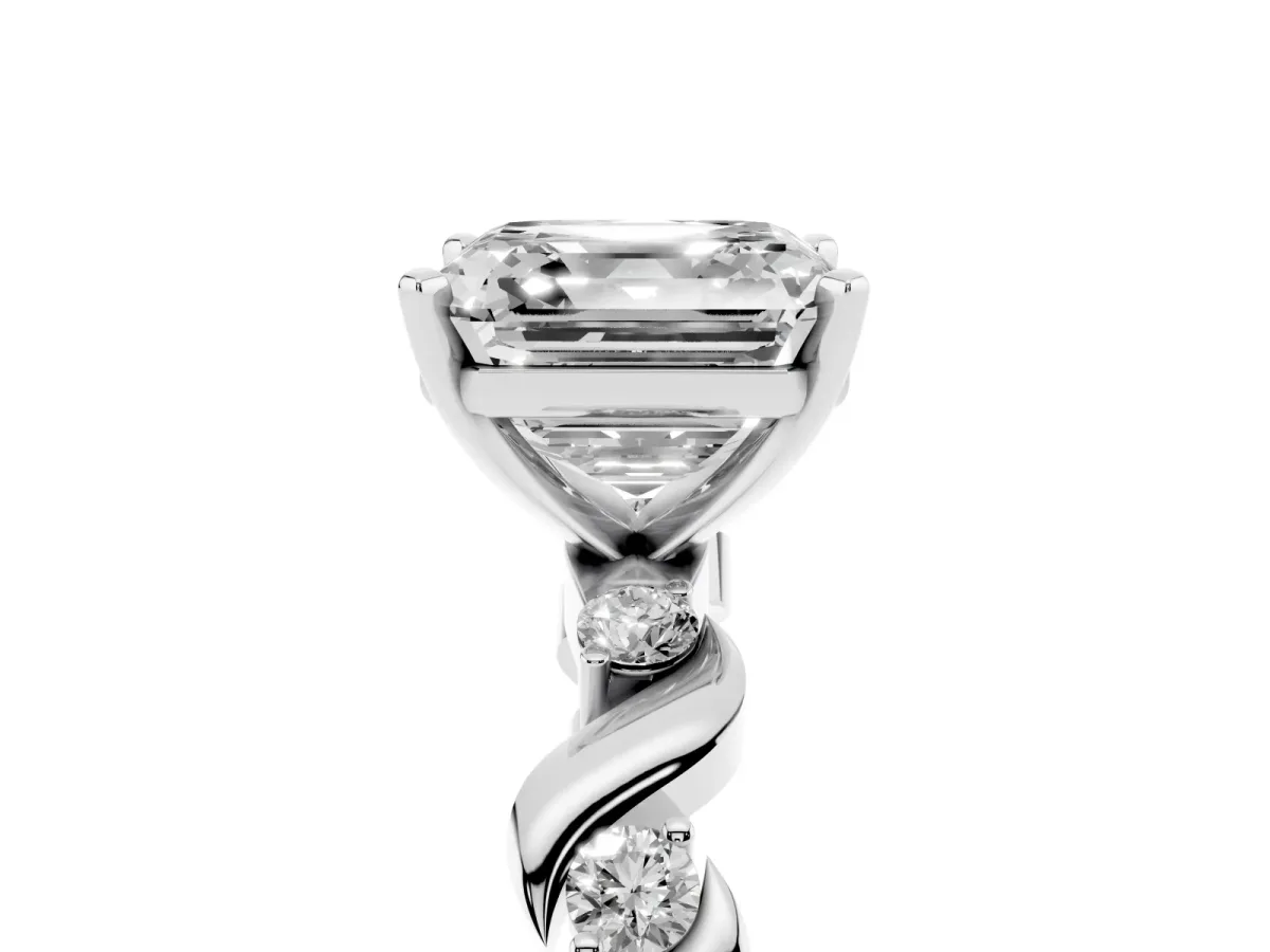 Asscher Cut Diamond Solitaire Twisted Band with Round Accents and Prong Setting Platinum