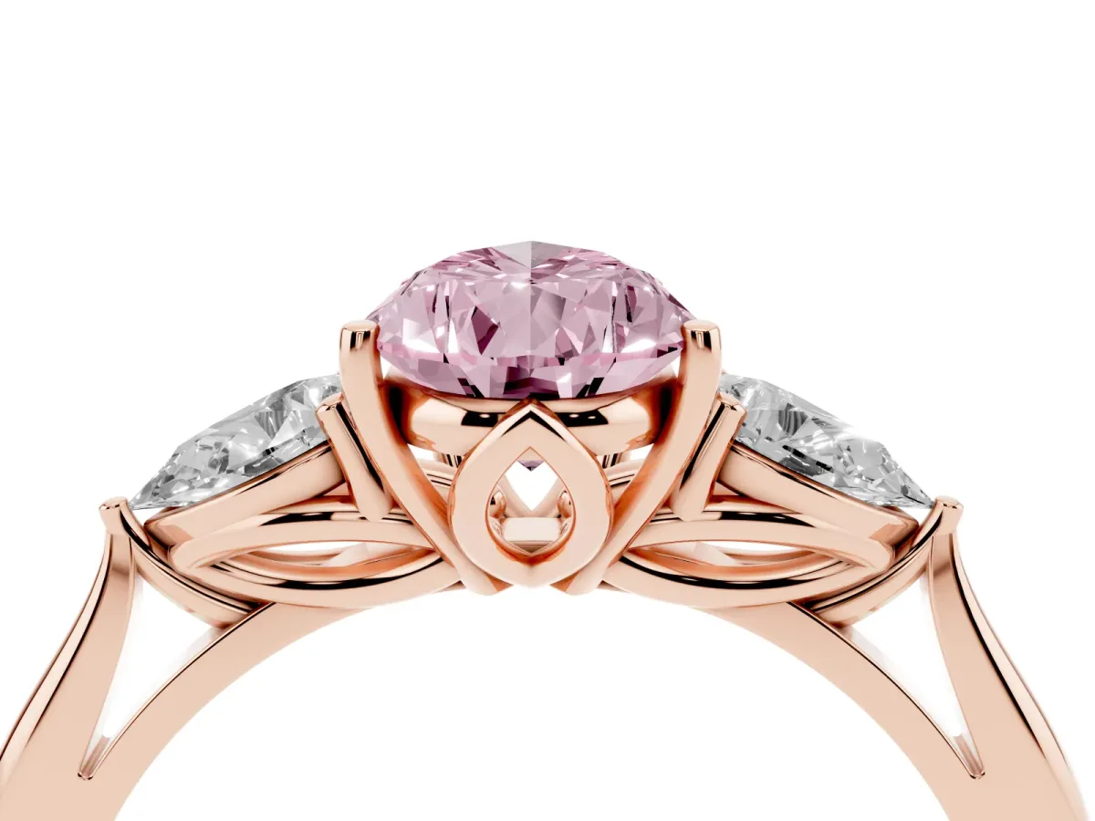 Fancy Pink Pear Cut Diamond Three-Stone Ring with Pear Side Stones and Prong Setting Rose gold