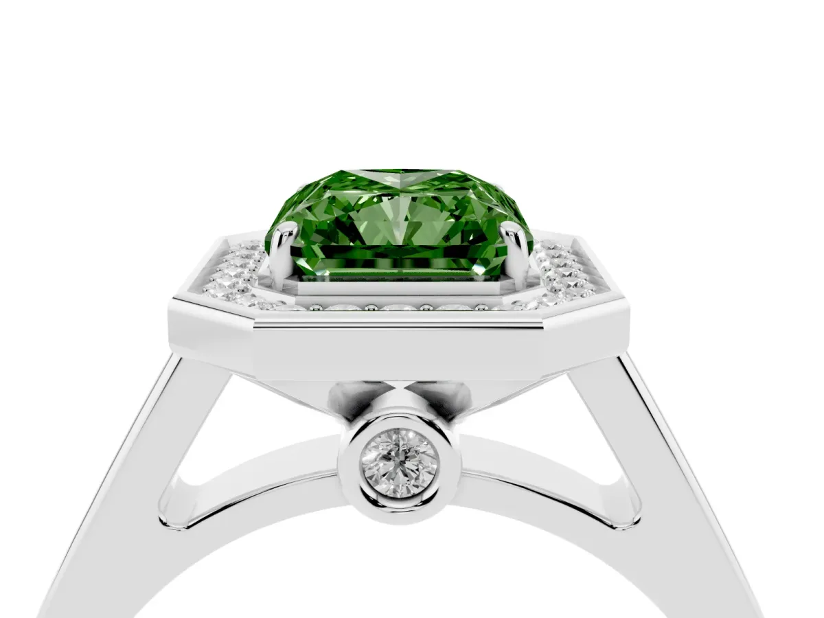 Fancy Green Radiant Cut Halo Solitaire Diamond Ring with Pave Band and Bezel Setting Silver