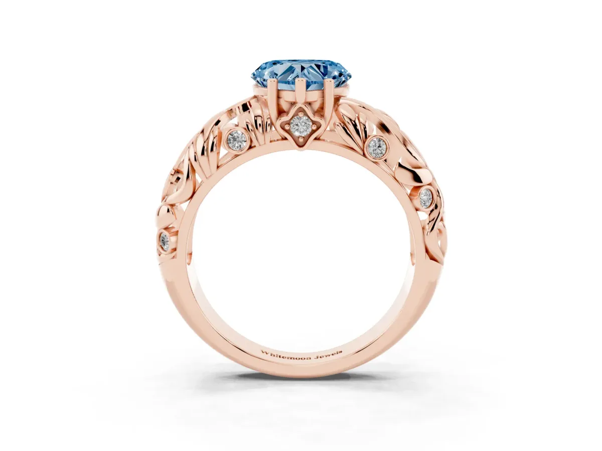 Fancy Blue Heart Cut Solitaire Diamond Leaf-Inspired Vine Band Ring with Prong Setting Rose gold